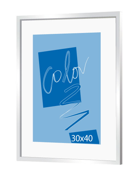 Hliníkový obrazový rám Sideloader v lesklej striebornej farbe, s marketingovým štítkom. Výrobca obrazových rámov Debex Suisse.