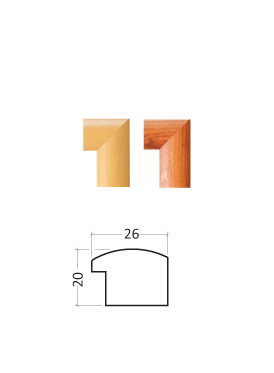 Picture frame molding profile with dimensions and wood finish options.