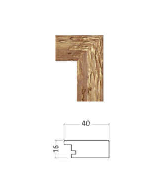 Textured oak wood picture frame corner sample and profile diagram with 40mm width and 16mm depth dimensions