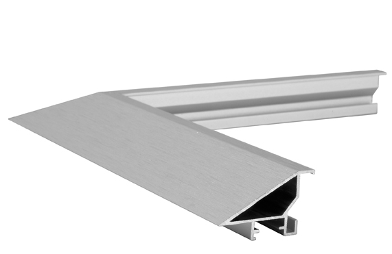 Aluminium Gallery picture frame profile in silver matt colour, with cross brushing, piece of profile. Picture frame producer Debex Suisse.