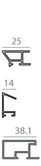 Technical diagram showing cross-section dimensions 25, 14, and 38.1