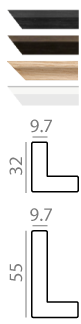 Technical diagram showing varied wood frame profile finishes and measurements.