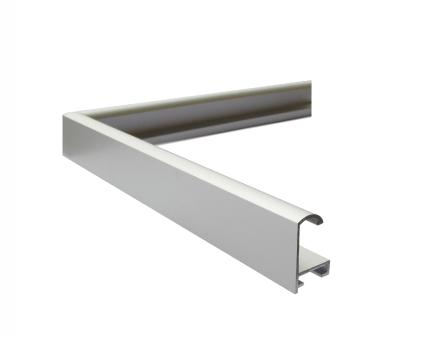 Close-up of a modern brushed silver floor-to-ceiling picture frame profile