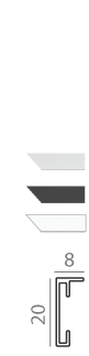 Technical diagram showing profile sections and dimensions of 20 by 8 millimeters on a black background.