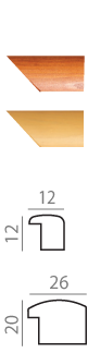 Technical diagram and color samples for wooden picture frame profiles with dimensions 12x12mm and 20x26mm