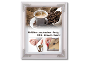 Picture frame with a coffee graphic showing decorative corner assembly instructions