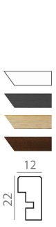 Picture frame profile options in white, black, light wood, and dark wood finishes with technical dimensions