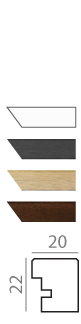 Picture frame profile options in white, black, light wood, and dark wood with technical dimensions.