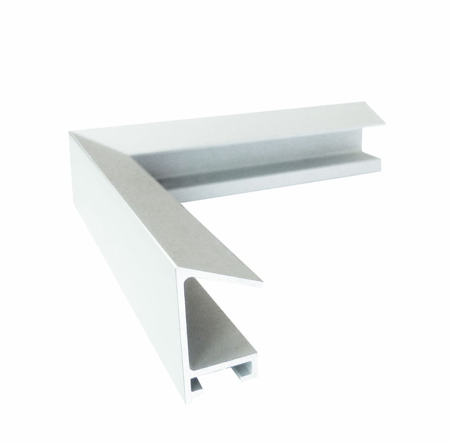 Corner sample of a modern white aluminum floating picture frame profile.