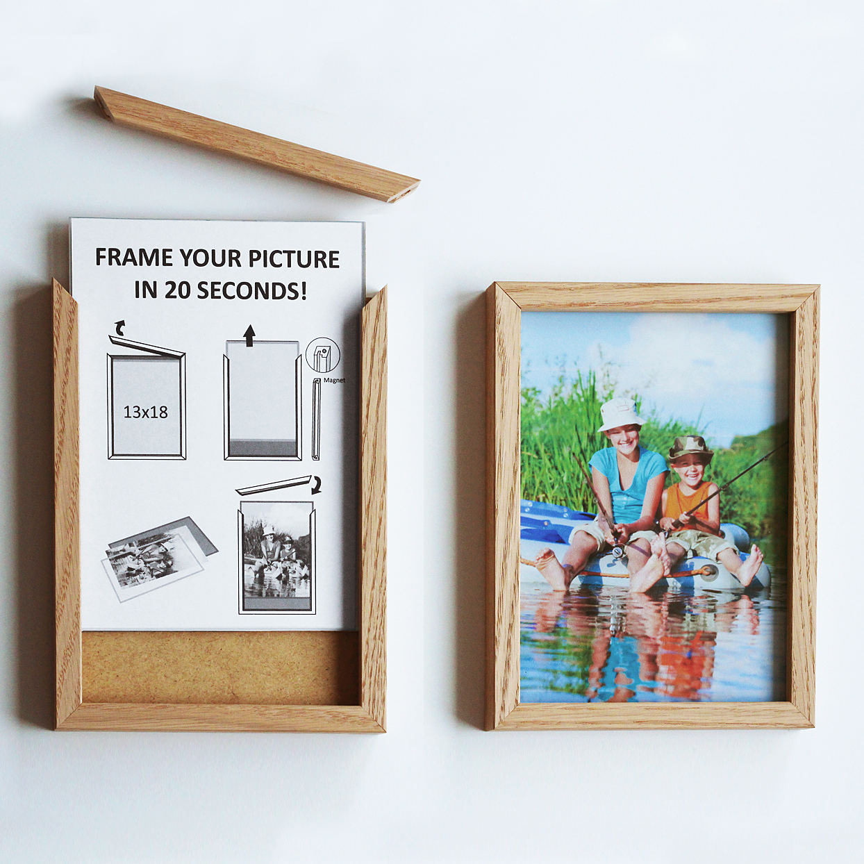 Oak wood magnetic frame with instruction marketing inlay, illustration of the magnetic side of the frame detached and sliding away the glass with backside and oak wood magnetic frame already finished with framed family portrait . Produced by Debex Suisse.