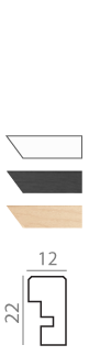 Picture frame profile options in white, black, and natural wood with technical dimensions.