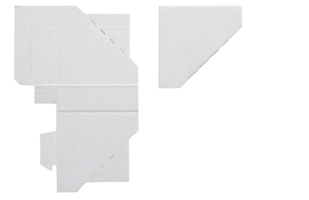Unfolded white cardboard packaging template with die-cut lines against a white background